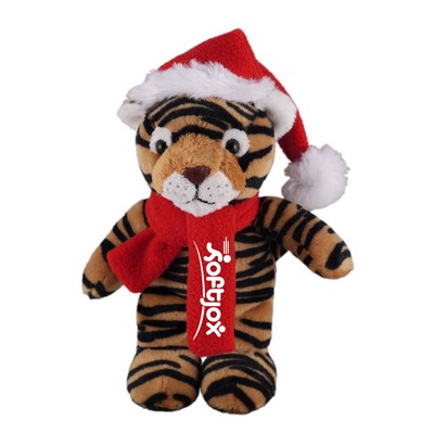 Soft Plush Stuffed Tiger with Christmas Hat and Scarf