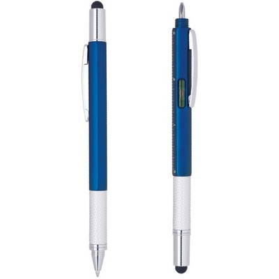 Multi-Function Tool Pen with stylus, ruler, level tool, fillips and flathead screw drive - Blue