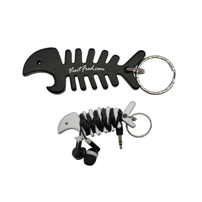 Fish Bottle Opener keychain w/ earbud organizers