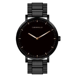 Caravelle Men's Black Stainless Steel Bracelet Watch with Black Dial and Gold Tone Accents