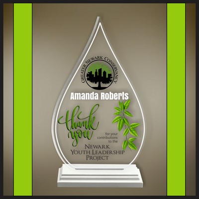 8" Droplet Clear Acrylic Award with a White Wood Base