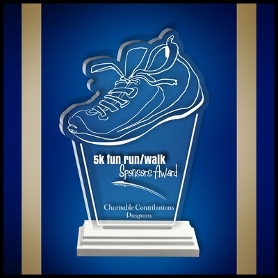 7" Shoe Riser Clear Acrylic Award in a White Wood Base