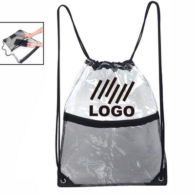 Clear Pvc Drawstring Bag Backpack With Front Mesh Pocket