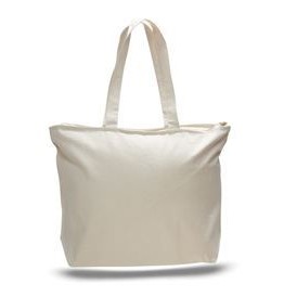 Heavy Canvas Full Length Zippered Pocket Tote Bag w/Long Self-Fabric Handles & Squared-Off Bottom