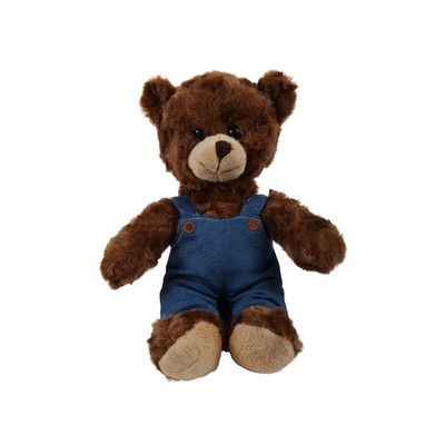 soft plush Chocolate Curly Sitting Bear in denim overall