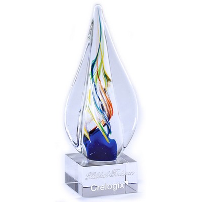 8¾" Art Multi-Color Glass Sculpture Award w/Hand Blown Tear Shape Glass