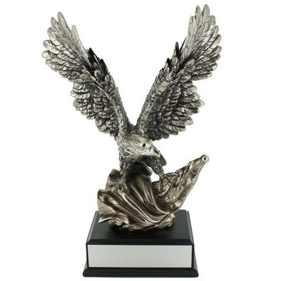 14" Silver Electroplated Soaring Eagle & Flag Trophy