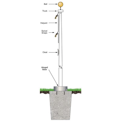 25' White Fiberglass Flagpole External Halyard - Hinged Base