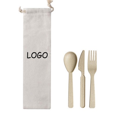 Portable Wheat Straw Tableware Set With Cotton Bag