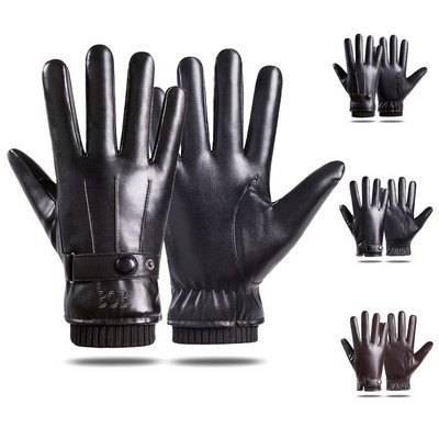 Men's Winter Thickened Plush Touch Screen PU Gloves