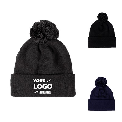 Pom Fleece Roll Cuff Knit Beanie