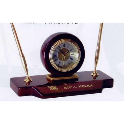 Piano Finish Wood Desk Alarm Clock Set W/ 2 Gold Finished Pens (4"x9"x5")