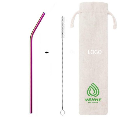 Multicolored Steel Straw & Brush w/Jute Bag