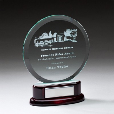 7¾" Round Beveled Glass Award w/Rosewood Base & Silver Plate