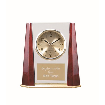 7" Glass Desk Clock with Rosewood Finish Bevel Columns