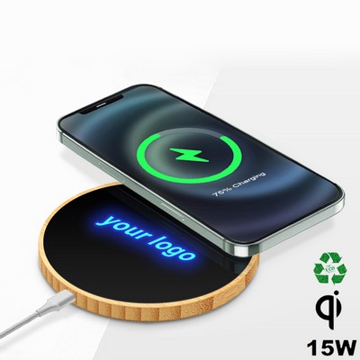 15W ECO-Friendly Round Bamboo Light up Wirelss Charger