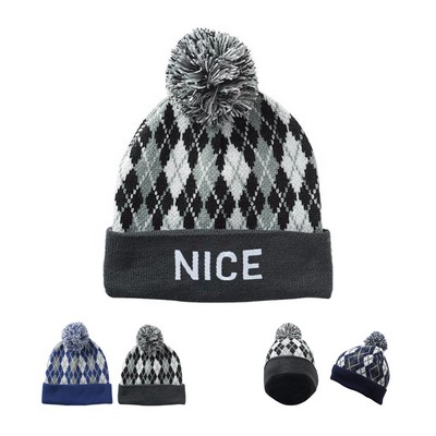 Diamond Pattern Knitted Pompom Beanies