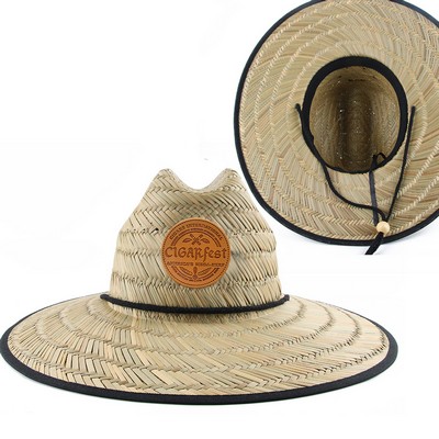 Leather Patch Wide Brim Summer Outdoor Lifeguard Straw Hat