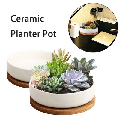 6 Inch White Ceramic Plant Pot with Bamboo Saucer