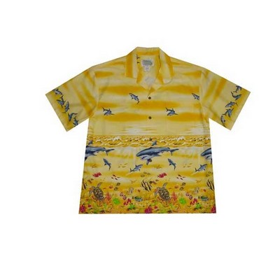 Yellow Hawaiian Border Print Cotton Poplin Shirt w/ Button Front