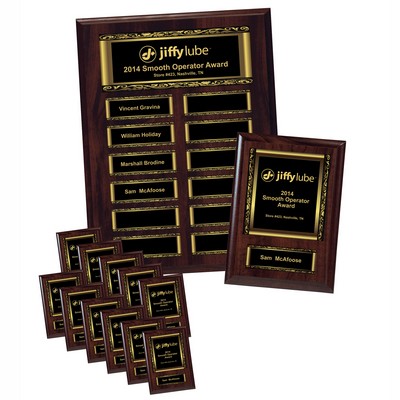 Walnut 12-Plt Scroll Border Plaque w Easy Perpetual Program and 12 5" x 7" Companion Plaques