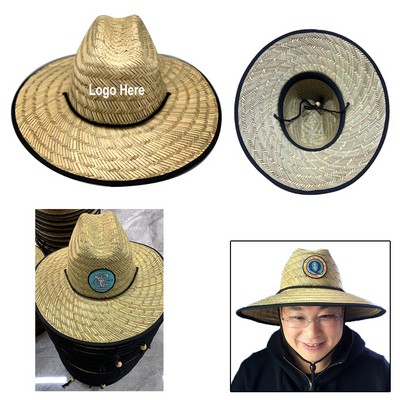 Natural Straw Lifeguard Hats W/Chin Cord & Sliding Cord Lock