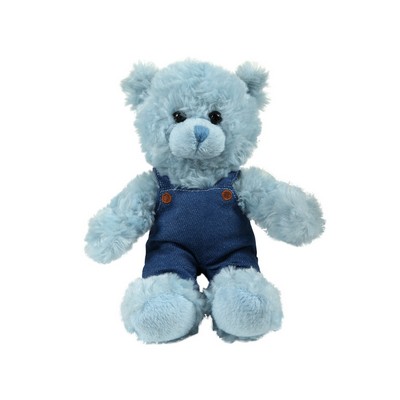 soft plush Blue Curly Sitting Bear in denim overall