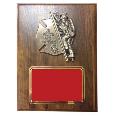 Firefighter w/Child Walnut Veneer Plaque (9" x 12")