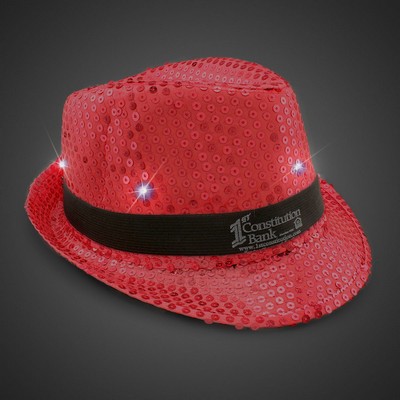 Red Sequin Light Up Fedora Hat w/Silk Screened Black Band