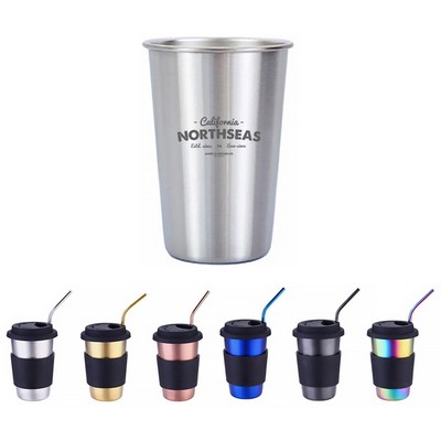 12 Oz. Stainless Steel Cups with Lids Sleeves & Straws