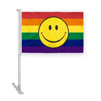 10.5" x 15" wPoly Rainbow with Smiley Face Pride Premium Car Flag