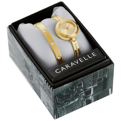 Caravelle Ladies' Gold-tone Crystal Watch and Bracelet Boxed Set