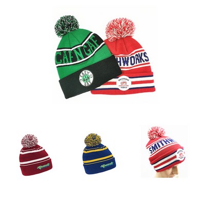 Pom Pom Beanie w/ Two Tone Stripe Knitted Acrylic Cap