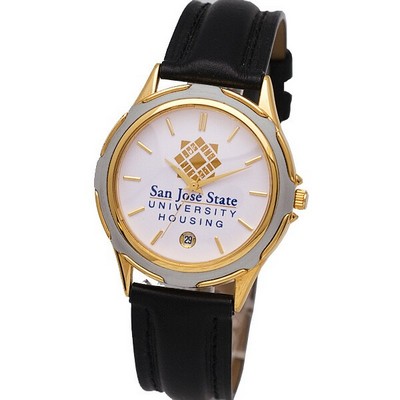 Sleek Dress Watch with Calendar & Gold Indexes, genuine leather band, Japanese quartz movement.