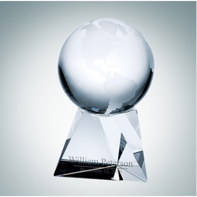 3 5/8" World Globe Optical Crystal Award w/Triangle Base