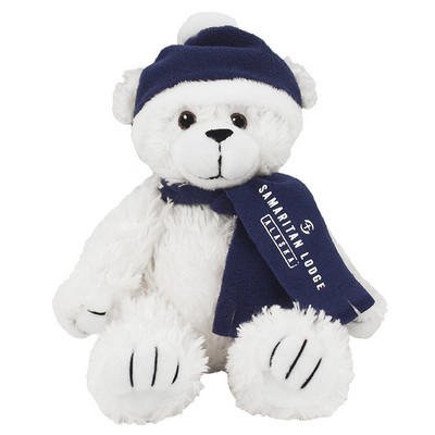 8" White Curly Bear Stuffed Animal w/Navy Winter Hat & Scarf & One Color Imprint