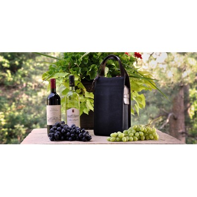 Handmade in Italy 2-Bottle Wine Carrier Onyx Waxed Canvas w/ Vachetta Leather Walnut Trim