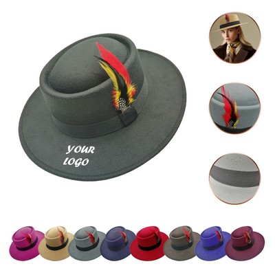 Wool Bowler Derby Hat With Feather