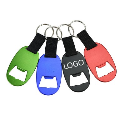 Oval Aluminum Bottle Opener Keychain w/ Strap