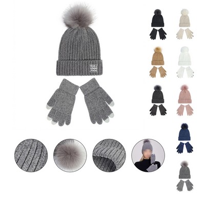 2PCS Chenille Pom Pom Beanie Gloves Set