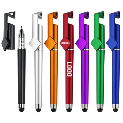 3 In 1 Multifunction Soft Touch QR Code Ballpoint Pen With Stylus & Phone Stand & Removable Cap