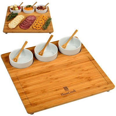 Bamboo Charcuterie Serving Board with 3 Ceramic Bowls