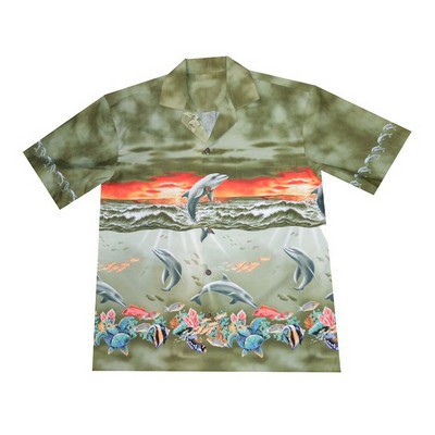 Green Hawaiian Border Print Cotton Poplin Shirt w/ Button Front