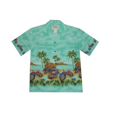 Green Hawaiian Border Print Cotton Poplin Shirt w/ Button Front