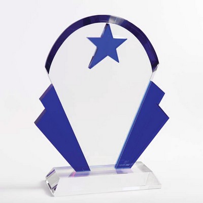 Blue Star Crown optical crystal award/trophy. 9"H x 7-1/4"W x 2-3/4"D