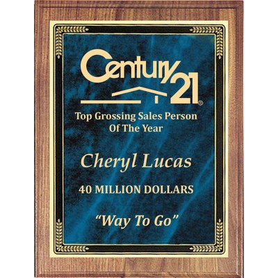 Economy Solid Walnut Rectangle/Blue Marble Mist Plaque Series, 8"x10"