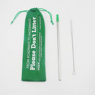 Silver Stainless Steel Straight Straw With Pouch