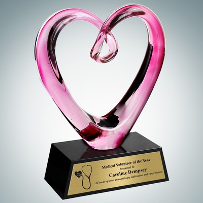 Art Glass Compassionate Pink Heart Award w/Black Base & Gold Plate