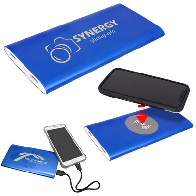 Blue 8000MAH Power Bank & Wireless Anodized Aluminum Charger w/USB Power Cord