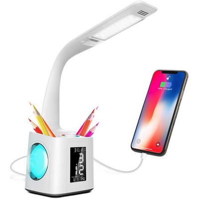 LED Desk Lamp With USB Charging Port Clock Pen Holder